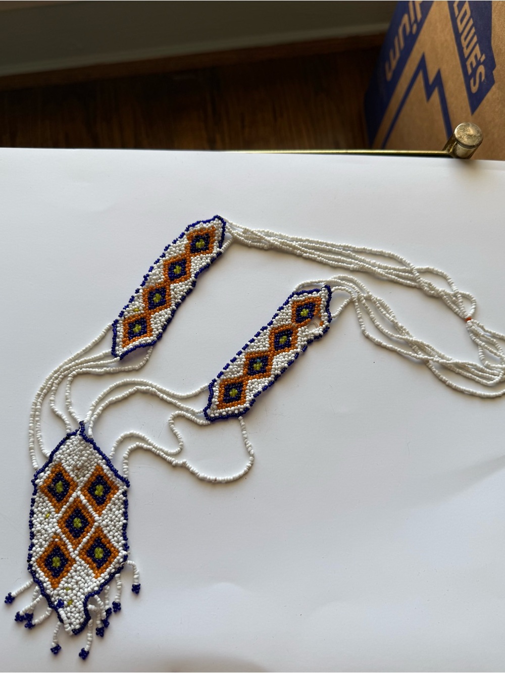 Handmade White, Blue & Gold Seed Bead Necklace